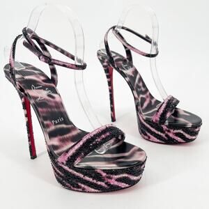 Christian Louboutin Loubi Queen Alta Pink Black Strass Platform Sandals EU 42